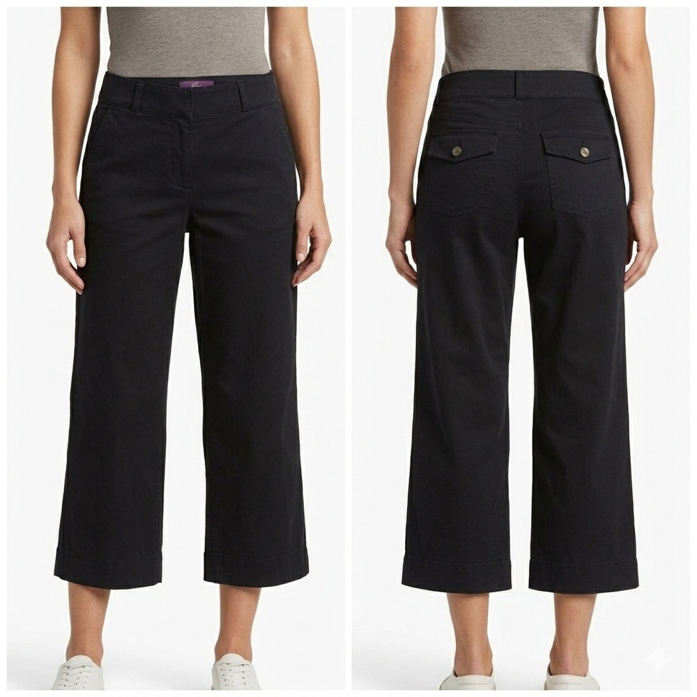 Anne Klein Pants Womens 14 Black Wide Leg Cropped Stretch Pockets Pockets